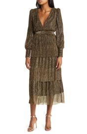 Jewel Badgley Mischka Metallic Long Sleeve Tiered Cocktail Midi Dress at Nordstrom