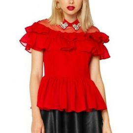 Jewel Collar Mesh Shoulder Ruffle Peplum Top by Gracia at Gracia