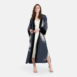 Jia Long Kimono Wrap Charmeuse Kimono Robe with Velvet Trim kimandonocom at Kim and Ono