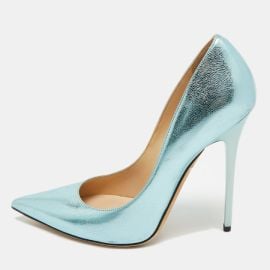 Jimmy Choo Light Blue Foil Leather Pointed Toe Pumps ShopSimon at Shop Simon