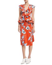 Johanna Ortiz Kalahari Bow-Front Peplum-Waist Garden-Print Dress at Neiman Marcus