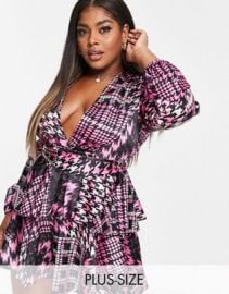 John Zack Plus exclusive  plunge front tiered ruffle mini dress in pink houndstooth print at ASOS