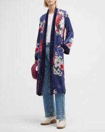 Johnny Was Aster Floral-Print Velvet-Trim Kimono at Neiman Marcus