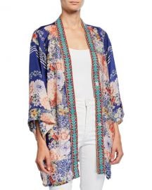 Johnny Was Blati Printed Silk Shorter Kimono with Embroidered Trim at Neiman Marcus