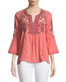 Johnny Was Marion Flare-Sleeve Embroidered Blouse at Neiman Marcus