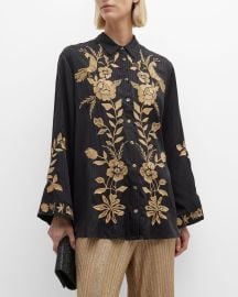 Johnny Was Martina Floral-Embroidered Stripe Jacquard Collared shirt at Neiman Marcus