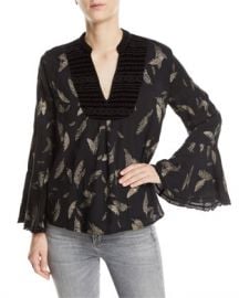 Johnny Was Metallic-Print Velvet-Trim Blouse at Neiman Marcus