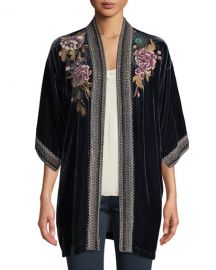 Johnny WasQuito Floral-Embroidered Velvet Kimono w  Border Stitching at Neiman Marcus