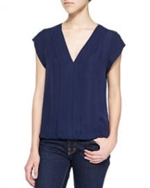 Joie Marcher V-Neck Top with Pleated Front Navy at Neiman Marcus