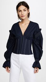 Jonathan Simkhai Ruched Cotton V Neck Corseted Blouse at Shopbop