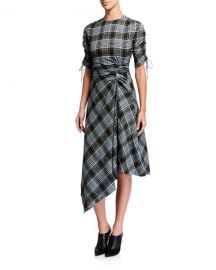 Jonathan Simkhai Ruched Plaid Short-Sleeve Handkerchief Dress at Neiman Marcus