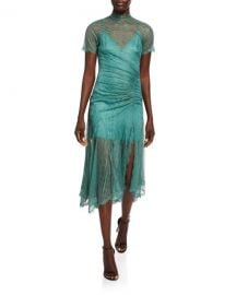 Jonathan Simkhai Sateen Lingerie Lace Short-Sleeve Front-Slit Dress at Neiman Marcus