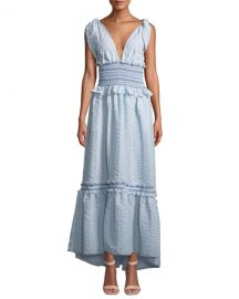 Jonathan Simkhai Smocked V-Neck Ruffle Maxi Dress at Neiman Marcus