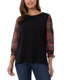 Jones New York Womens Plaid-Sleeve Crewneck Top - Macys at Macys