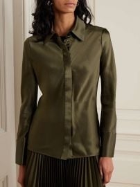 Joseph Brunel Silk Satin Blouse in Dark Olive at Net a Porter