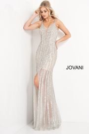 Jovani 03185 Center Slit Stripe Dress at Madame Bridal