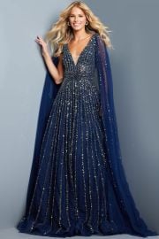 Jovani 23362 Navy Embellished Plunging Neckline A line Dress Jovani at Jovani