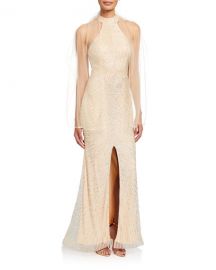 Jovani Beaded Open-Back Front-Slit Halter Gown at Neiman Marcus