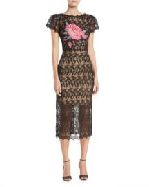 Jovani Floral-Insert Lace Dress w  Short Sleeves at Neiman Marcus