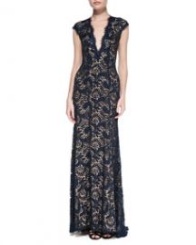 Jovani Plunge-Neck Beaded Lace Gown at Neiman Marcus