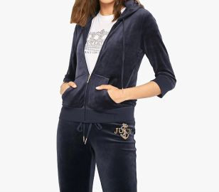 Juicy Couture regal anchor velour robertson hoodie jacket in navy blue at Shop Simon