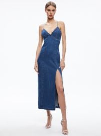 Julietta Denim Slip Dress With Slit In Avery Blue Alice And Olivia at Alice and Olivia