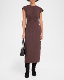 June Ruched Cap-Sleeve Midi Dress at Neiman Marcus