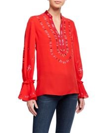 Junie V-Neck Bell-Sleeve Silk Blouse at Neiman Marcus