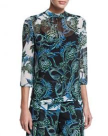 Just Cavalli Ikebana-Print High-Collar Blouse at Neiman Marcus