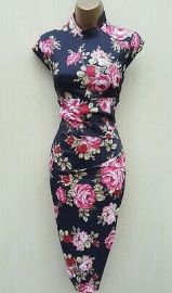 KAREN MILLEN 12 UK Red Roses Oriental Chinese Cocktail Wiggle Pencil Dress at eBay