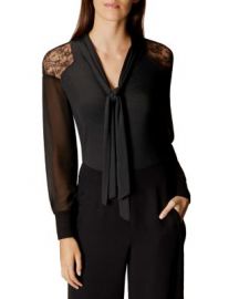 KAREN MILLEN Lace Shoulder Tie Neck Blouse at Bloomingdales