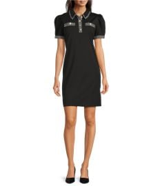 KARL LAGERFELD PARIS Knit Jersey Point Collar Short Sleeve Tweed Trim A-Line Dress Dillardx27s at Dillards