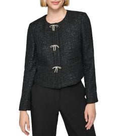 KARL LAGERFELD PARIS Tweed Crystal Bow Scoop Neck Long Sleeve Cropped Jacket Dillardx27s at Dillards