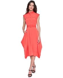 KARL LAGERFELD PARIS Womens Belted Handkerchief-Hem Midi Dress - Macys at Macys