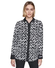 KARL LAGERFELD PARIS Womens Printed Contrast-Trim Button-Front Top - Macys at Macys