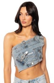 KENLY BUCKLE DETAIL METALLIC DENIM CROP TOP IN SILVER at Shop Akira