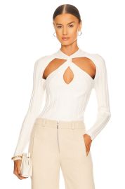 Kahlana Barfield Brown Ribbed Cut Out Neck Bodysuit at Revolve