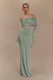 Kaitlin One Shoulder Slinky And Mesh Maxi Dress - Basil vert MESHKI US at Meshki