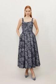 Karen Millen Denim Jacquard Full Skirt Belted Midi Dress at Karen Millen