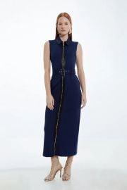 Karen Millen Pu Ponte Belted Midi Dress in Navy at Karen Millen