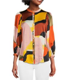 Karl Lagerfeld Paris 3 4 Blouson Sleeve Multicolor Printed Crew Neck Button Front Blouse at Dillards