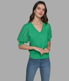 Karl Lagerfeld Paris Puffed Sleeve V Neck Sweater at Macys