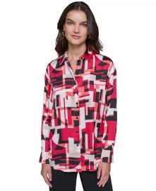 Karl Lagerfeld Paris Satin Printed Oversized Button Front Top at Macys
