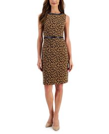 Kasper Petite Animal-Print Jacquard Faux-Leather-Trim Dress - Macys at Macys