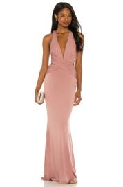 Katie May Secret Agent Criss Cross Gown in Ash Rose at Revolve