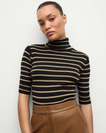 Katrina Merino Wool Striped Sweater in Navy amp Khaki at Veronica Beard