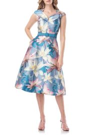 Kay Unger Matilda Floral Belted A-Line Midi Dress in Dove Blue/Cerise Size 2 at Nordstrom