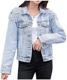 Kedera Women39s Pearl Beading Crop Denim Jacket Girl39s Cute Jeans Coat Blue X-Large at Women39s Coats Shop at Amazon