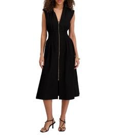Kensie Woven V-Neck Sleeveless Zip Up Smocked Midi Dress at Dillards