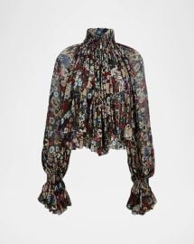 Khaite Durer Floral Silk Balloon Sleeve Peasant Top at Neiman Marcus